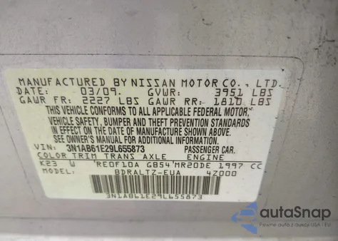 2009 Nissan Sentra 2.0S z USA, uszkodzony, nr VIN 3N1AB61E29L655873